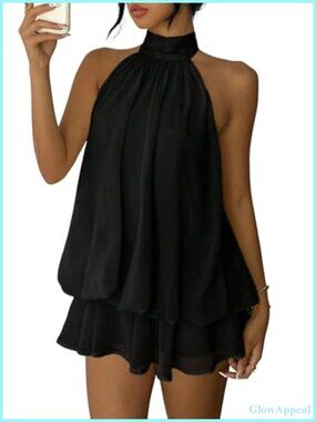 Chiffon Sleeveless Halter Neck Backless Ruffle Flowy Mini Dress for Summer